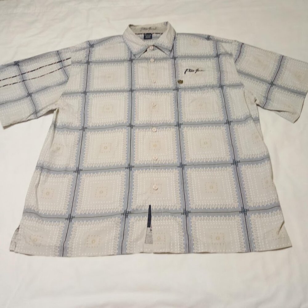 Phat Farm Men's Short Sleeve Shirt Ivory/ Blue Graphic Print Size 3XL Button Up